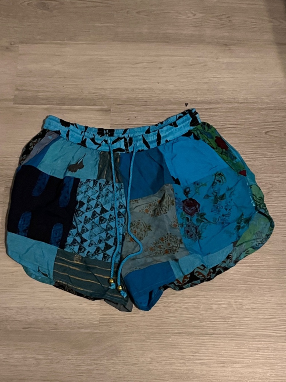 Blue Patchwork Women's Shorts with Drawstring